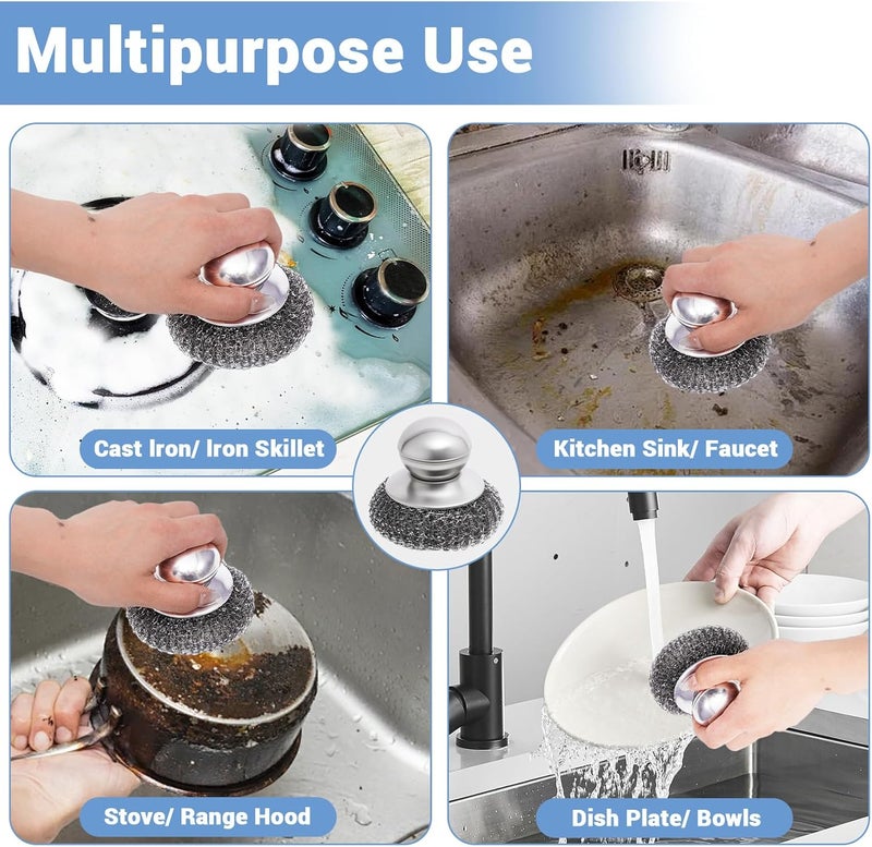 MISULOVE Steel Wool Scrubber with Handle, 5Pcs Stainless Steel Scrubber Set, Metal Pan & Pot Cleaner for Cast Iron, Grill, Stove, Oven, Sink, Stubborn Messes (1 Handle +4 Pads)​ - Image 2